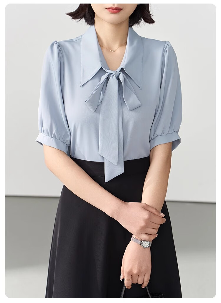 Bodexiaojie Blue Short-Sleeve Shirt for Women, Urban Daily Commute Outfit, Petite Chiffon Blouse, Interview Professional Shirt, Size S 20