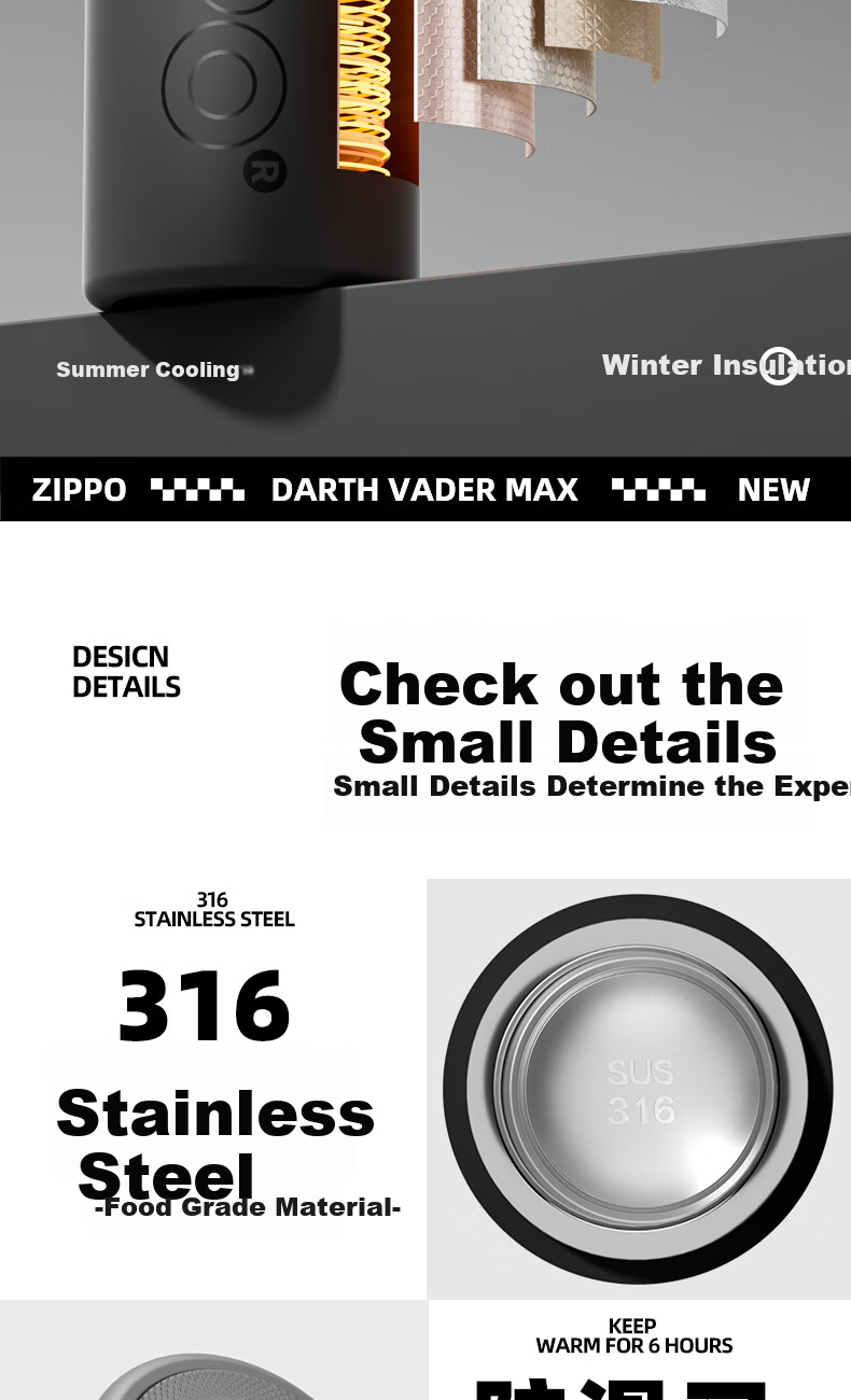 ZIPPO Insulated Mug, Large Capacity, Stainless Steel, Portable, Car-Friendly Water Bottle, Stylish Design, with Lid, Instant Open Cup for Couples, Gift 11