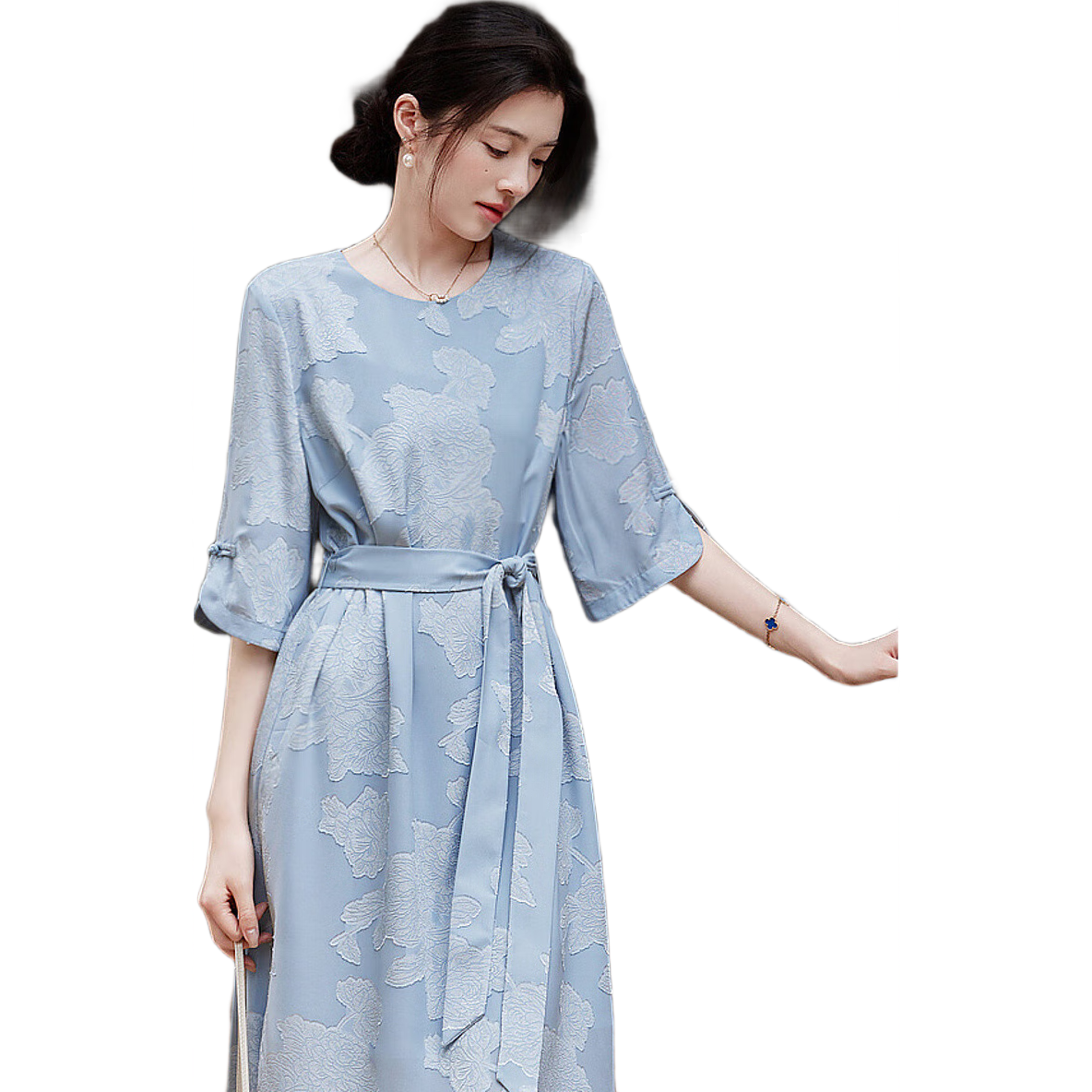 Dme (Unbelievably Comfortable) Spring And Autumn Delicate Jacquard Flared Seven-Quarter Sleeve Classical Button-Up Loose-Fitting Dress with Hidden Pockets
