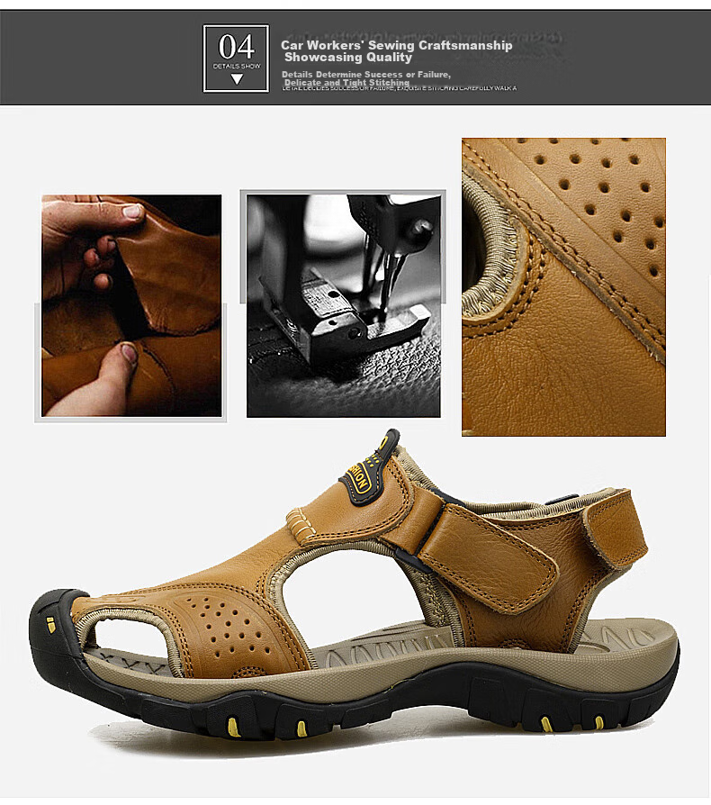 CARTELO Men's Sandals, Summer Roman-Style Closed-Toe Beach Shoes, Top-Grain Leather Perforated Shoes for Men, CS01, Khaki, Size 41 8