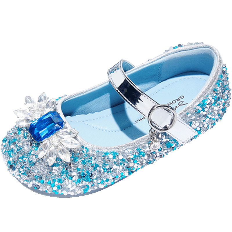 Snoffy Girls' Leather Shoes, Autumn Children's Crystal Shoes, Elsa Princess Shoes, Little Girl Sparkling Shoes, Performance Shoes, Ice Blue, Size 31