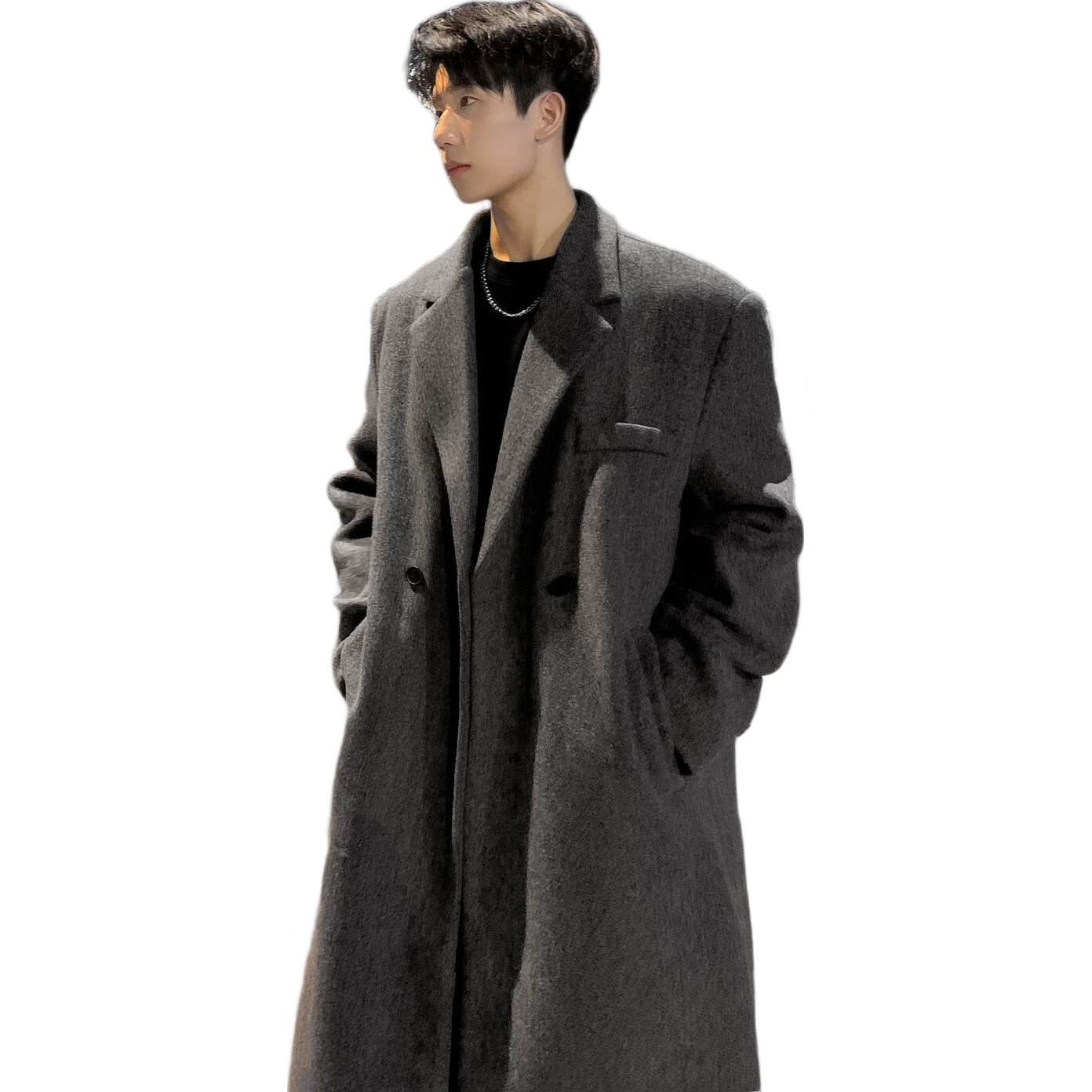 Dingfengbaoluo Men's Woolen Coat Autumn Winter Mid-Length Korean Style High-Quality Loose Over-the-Knee Wool Trench Coat HT88 Gray 3XL