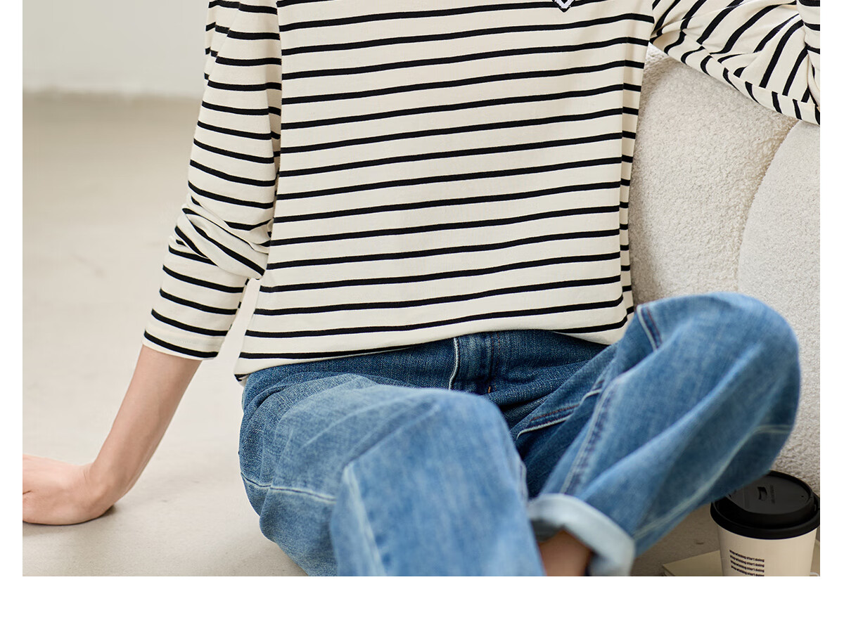 Chushen Summer Short-Sleeve T-Shirt for Women, Fashionable Versatile Round Neck Heart Logo Striped Pure Cotton Half-Sleeve Top S13KT1172 13