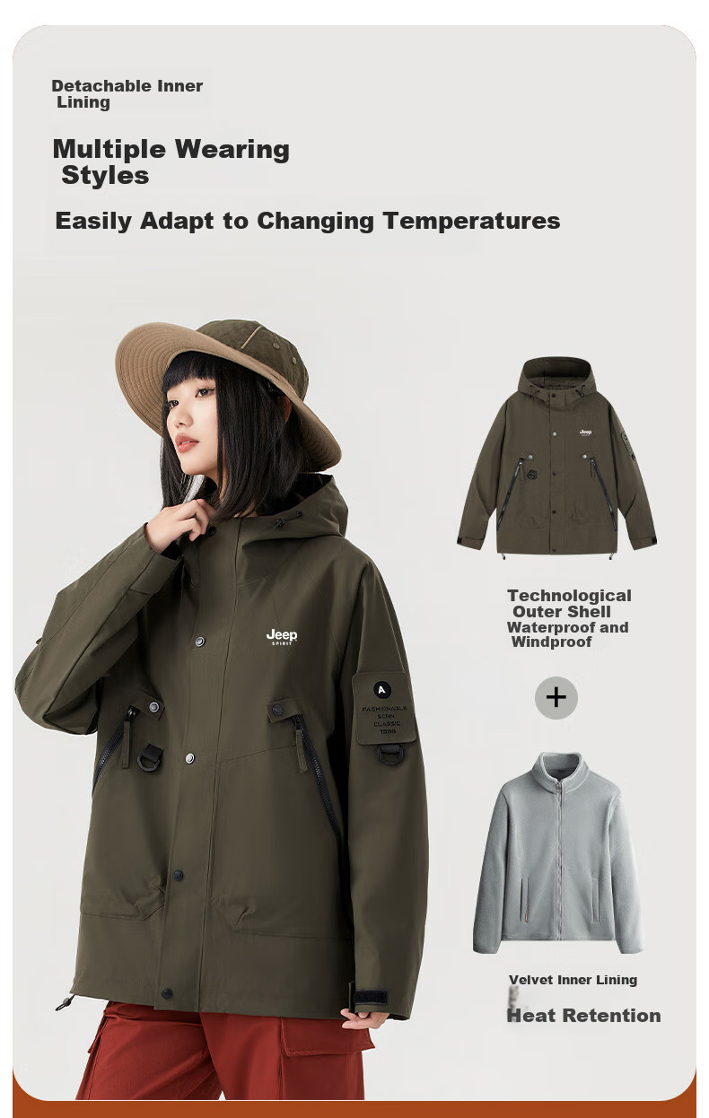 JEEP SPIRIT Men's Windbreaker Jacket for Autumn And Winter, Hooded Three-In Two-Piece Sportswear Coat, Black, 3XL 4