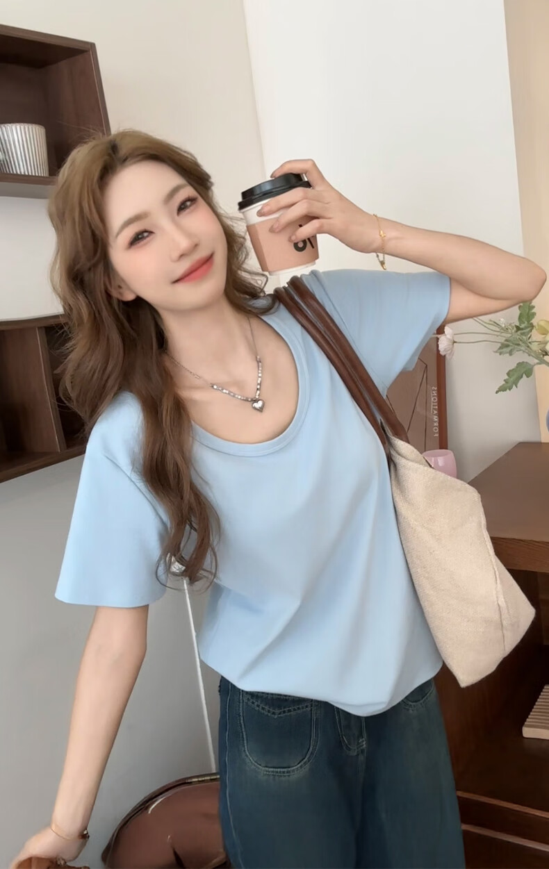 Ziyouxi Women's Cotton Short Sleeve T-Shirt 2025 New Pink U-Neck Loose Summer Casual Solid Color Relaxed Fit 13