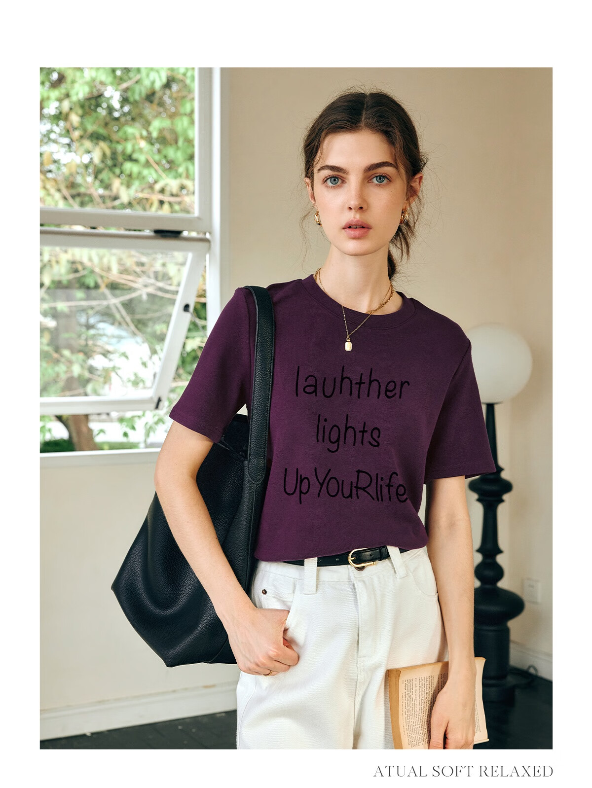 Oulain Letter Print Short-Sleeve T-Shirt, Women's Versatile Loose Casual Round Neck Top, Purple, S 22