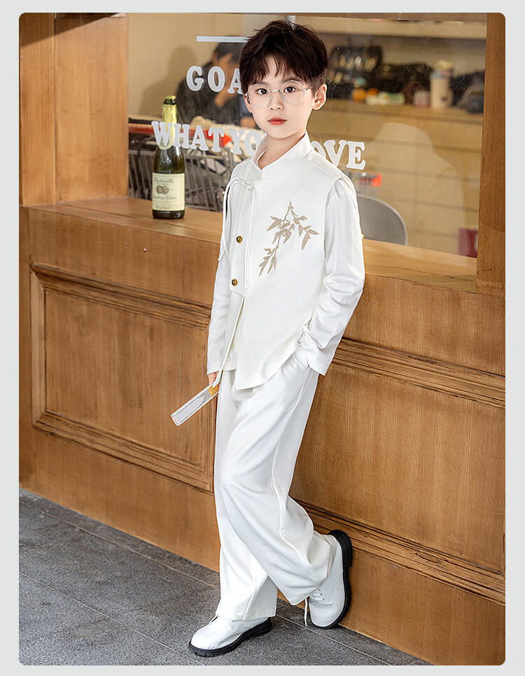 Radish Beibei Boys' New Chinese Style National Vest Set Children's Ancient Style Hanfu Performance Costume Black Two-Piece Set Size 150 1