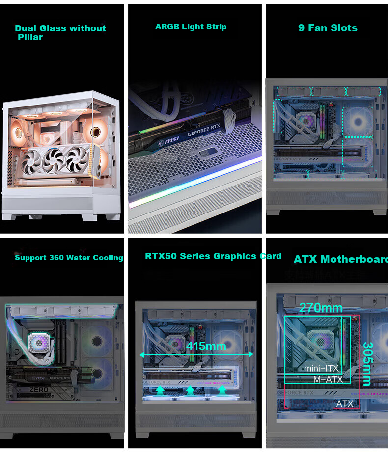 PHANTEKS XT523 View White Seaside View Tempered Glass Full-View ATX Motherboard Case for Desktop Computer (Side ARGB Light Strip/360mm Water Cooling Support/Type-C) 2