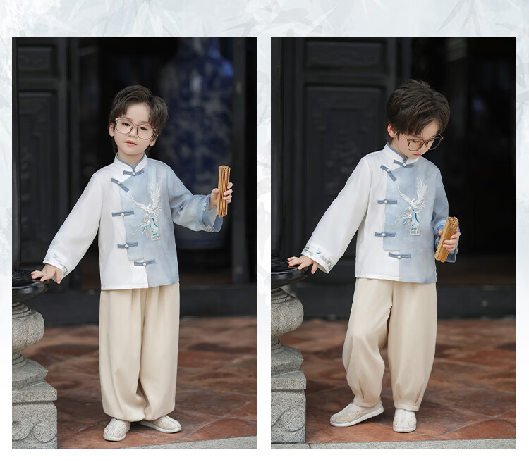 Qibo Hanfu Boys' Spring And Autumn Children's New Chinese-Style National Fashion Ancient Style Tang Suit, Hongying Long Sleeve (Top Only), Size 130 15