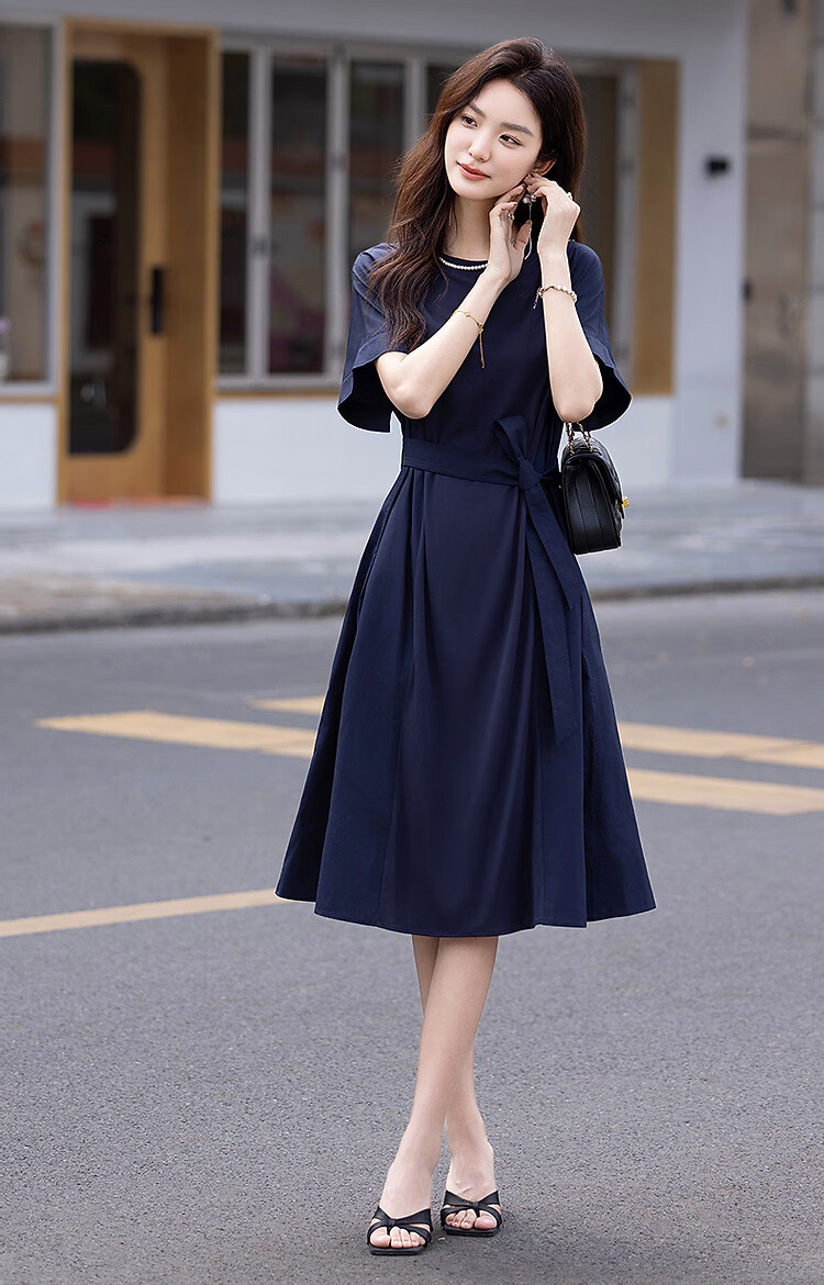 Dme [50 Pieces of Pure Cotton Brocade] Summer Elegant Office Round Neck Tie-Up Spliced Mid-Length Slimming Women's Dress 7