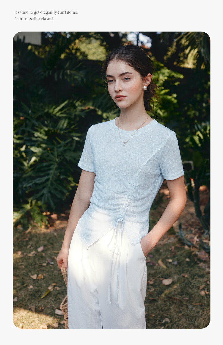 Olrain Oureier Solid Color Irregular Ruched Simple T-Shirt Summer New Waist Ruched Design Top Blue S 8
