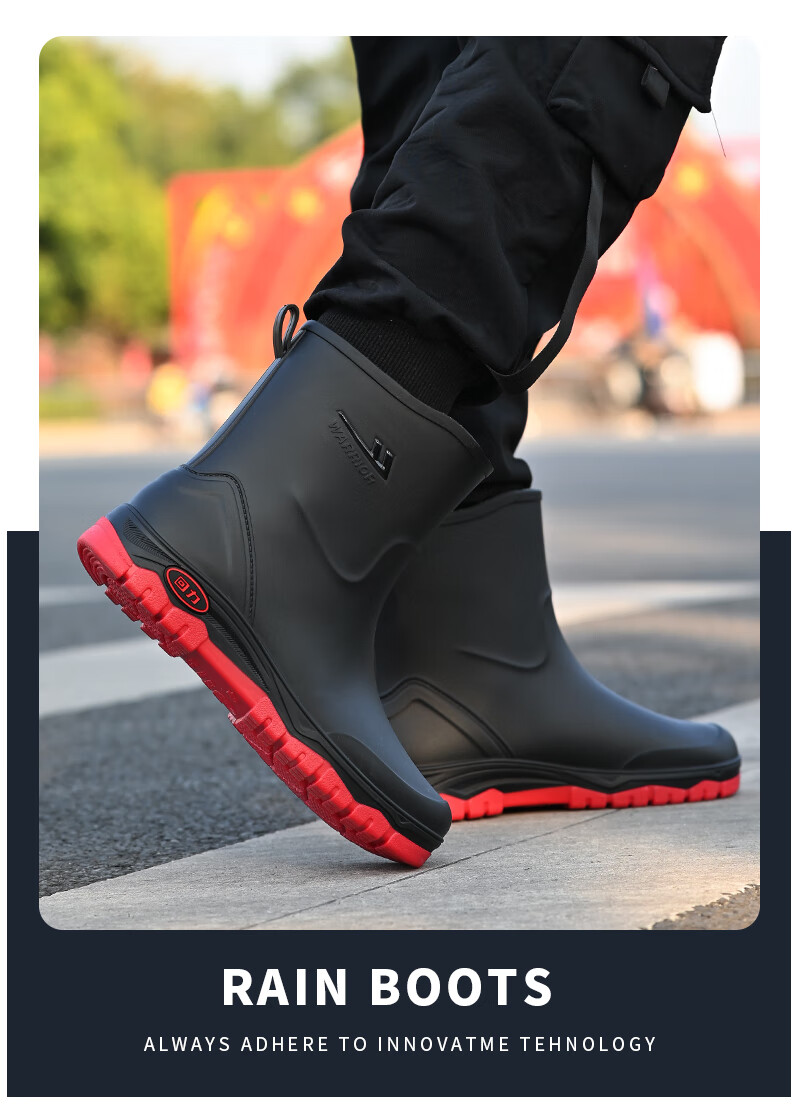 Warrior Men's Short Waterproof Non-Slip Rain Boots Outdoor Work Car Wash Delivery Rider Fishing Durable Rain Shoes 5388 Red Size 42 2