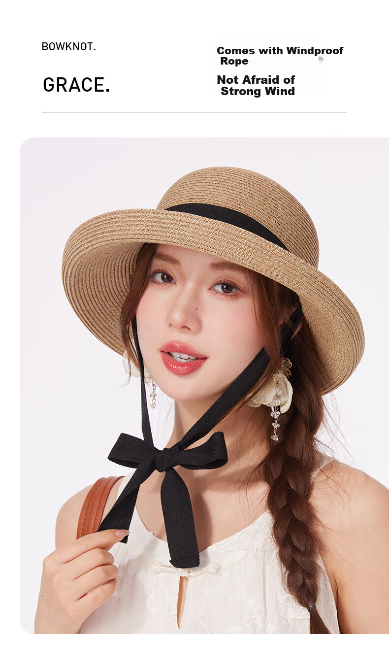CACUSS Straw Hat for Women, Summer Sun Hat, French Elegant Style, Face-Slimming Effect, Rear Split with Bow, Beige 7
