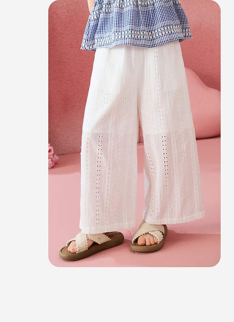 ASK JUNIOR Cotton Kids Summer Hollow Lace Embroidered Straight Leg Breathable Long Pants for Girls and Teens 18