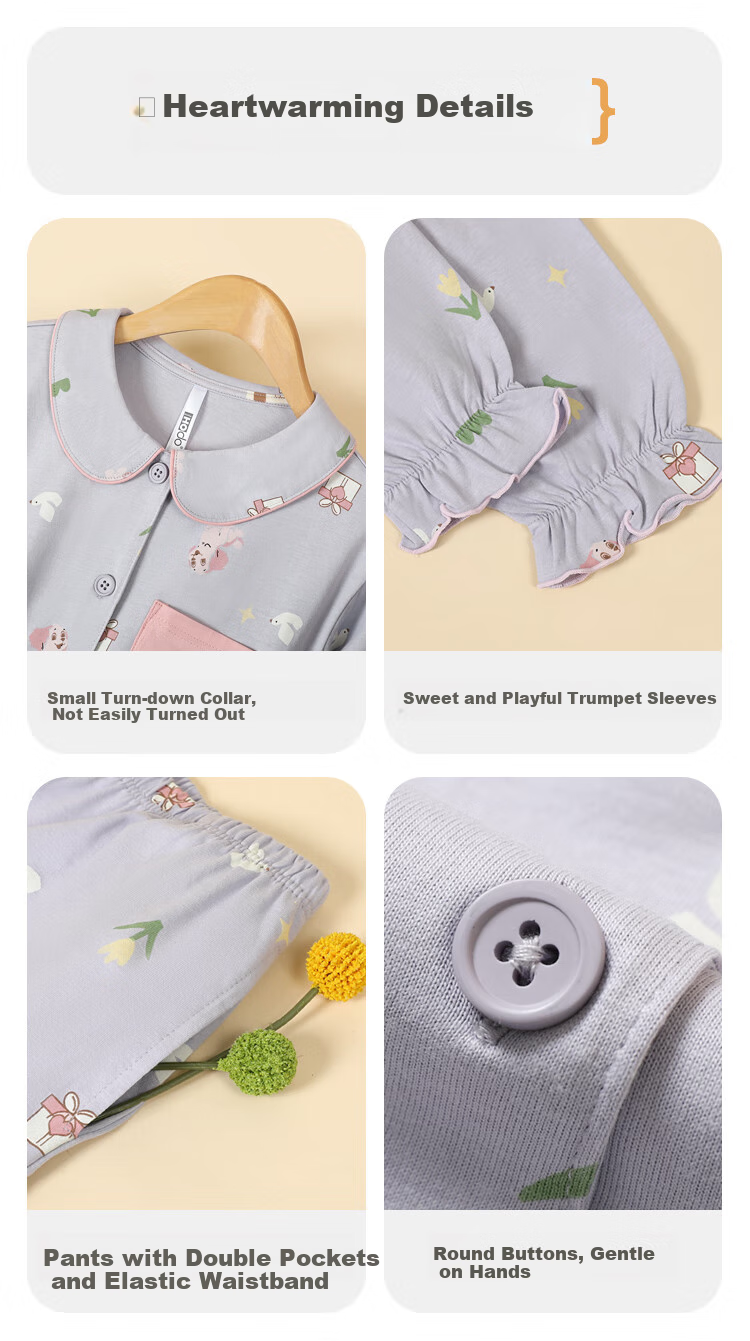 Hodohome Children's Pajamas Girls' Class A Pure Cotton Loungewear Cartoon All-Over Print Long-Sleeve Cardigan Set 108 130 17