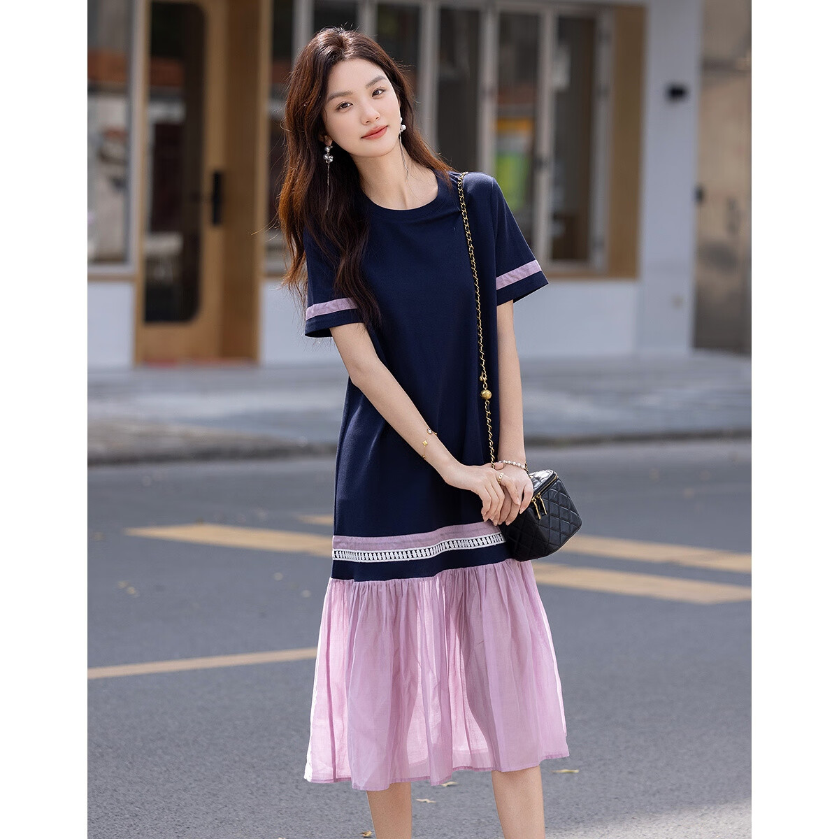 Demana [215G Pique Mesh] Summer Relaxed Fit Commuter Crew Neck Short Sleeve Color-Block Trim Women's Dress