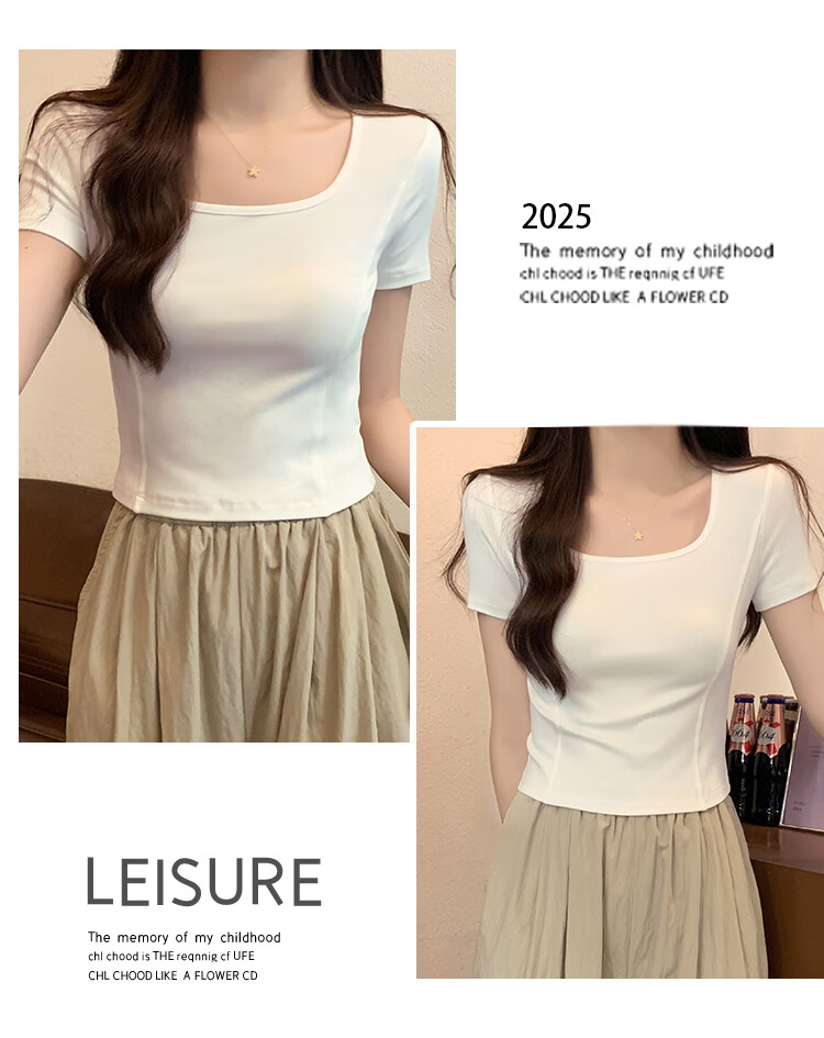 TUCANO Short-Sleeve T-Shirt for Women, Square Neck, Summer 2025, Crop Top Design, Niche Style, Regular Shoulder, Hot Girl Half Sleeve, White, 2XL 6