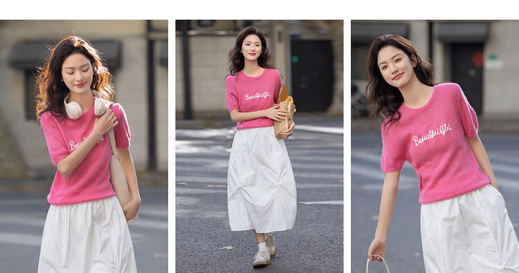 Demana Barbie Wardrobe Spring Fashion Colorblock Letter Crew Neck Short Sleeve High Elastic Wool Blend Knit Top for Women 1
