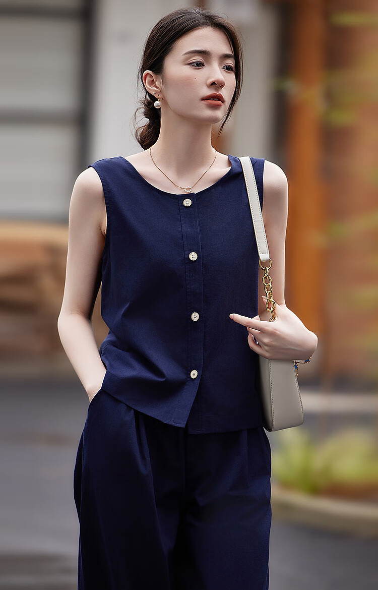 Dme High-Sense CBD Commuter Summer Minimalist Cotton Set Round Neck Vest Elastic Waist Pants Two-Piece Set 21