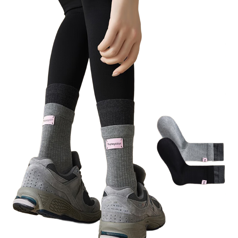 Duweike Yoga Socks with Yoga Pants Double Cuff Stacked Pure Cotton Yarn Mid-High Tube 2 Pairs Black + Gray