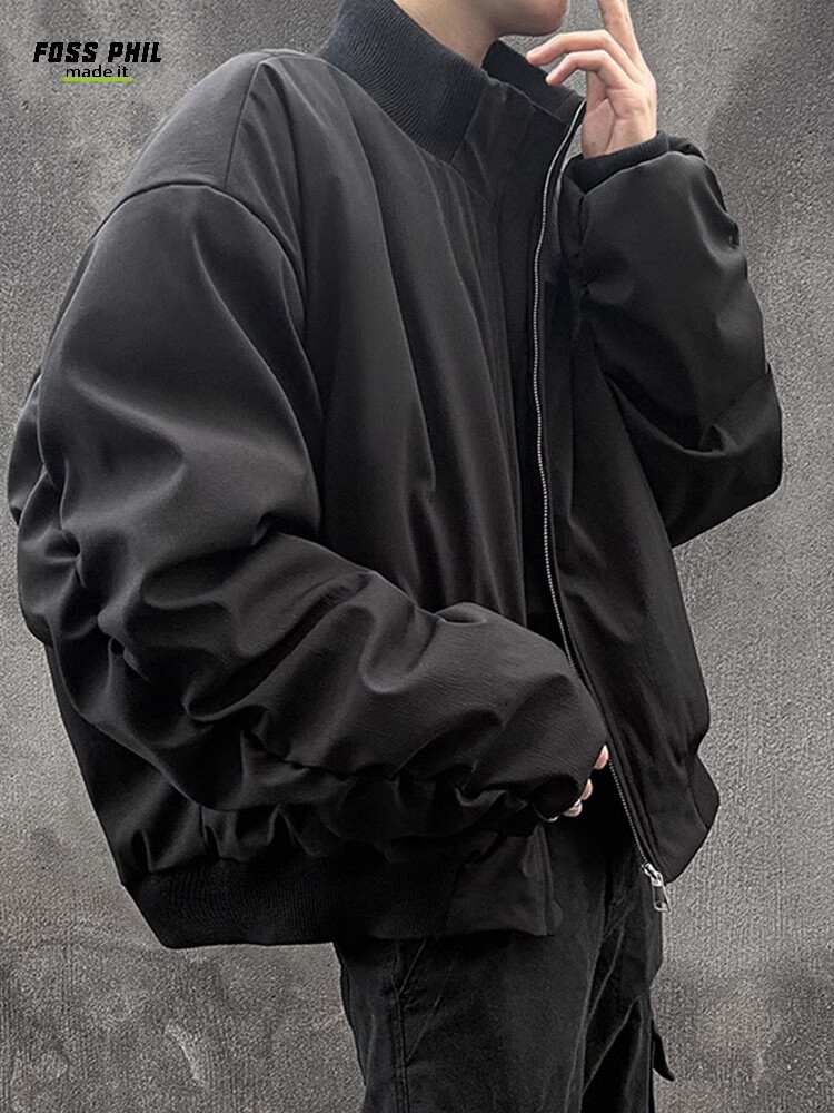 Foss Phil Men's Flight Jacket, Spring And Autumn American High Street Style, Versatile Short Baseball Coat, JK001 Black L 12