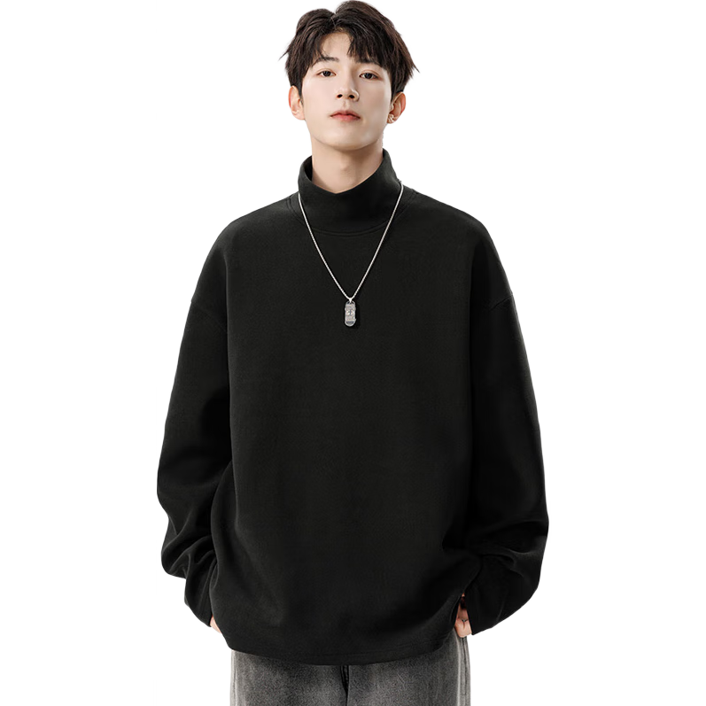 Foss Phil Men's And Women's Fleece Sweatshirt, Loose-Fitting Turtleneck Casual Simple Solid Color Base Layer Inner Wear APW965 Black 3XL