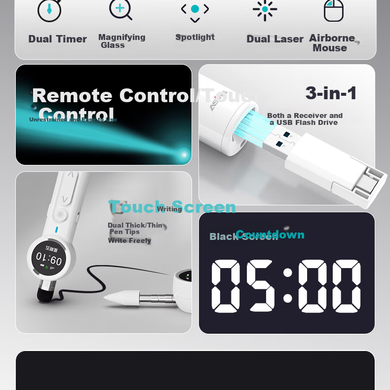 ASiNG A32 Retractable Teaching Pointer, Page-Turning Pen for Teachers, Multifunctional PPT Remote Control Pen, Laser Time Display, Magnification, Focusing, Writing, Line Drawing, Countdown, Extendable Teaching Pointer, 32GB 3