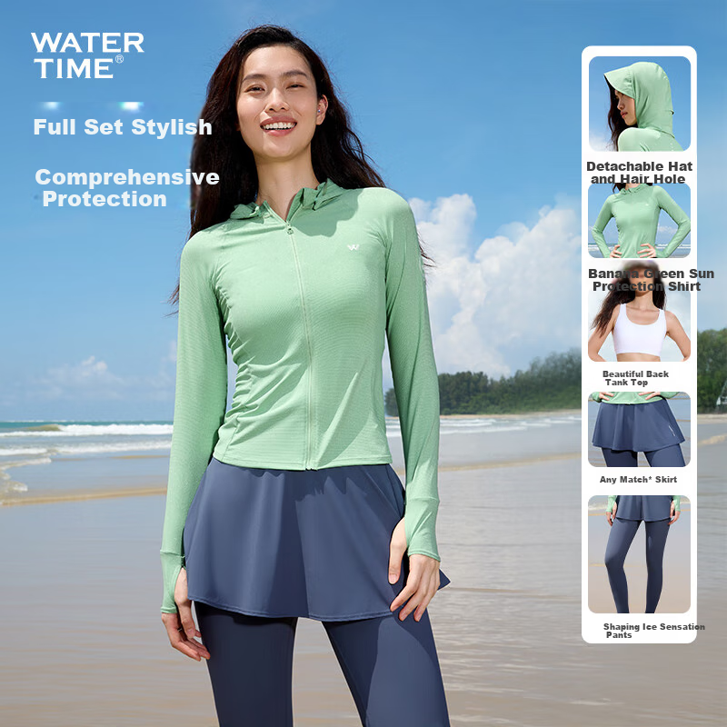 WATERTIME/水川 泳衣女士游泳衣防晒连帽分体长袖冲浪泡温泉水母服 上衣L