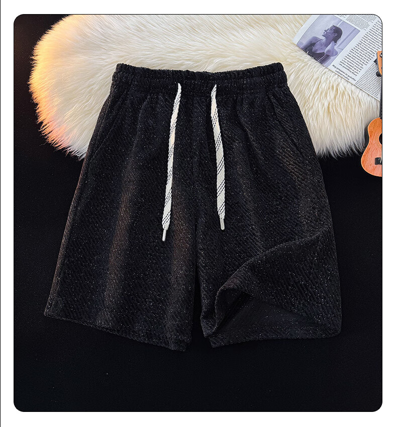 POUM American-Style Trendy Shorts for Men, Summer Casual Ice Silk Sports Beach Shorts, Style 6678, Black, Size L 10