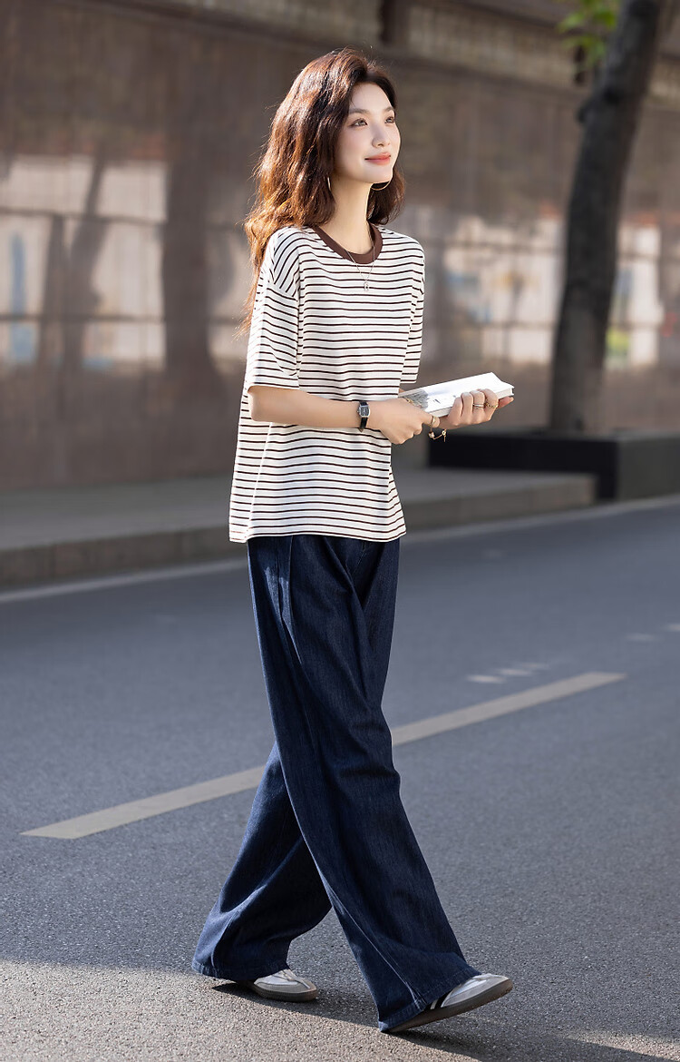 Demana [Leisure Style] Summer Simple Retro Striped Five-Sleeve Loose Fit Slimming Women's T-Shirt 10