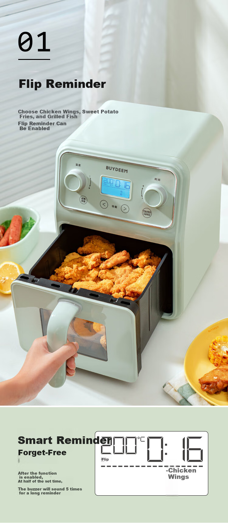Buydeem Air Fryer, Multi-Functional Home Use Oil-Free Fryer, 4L Large Capacity with Visible Window, Healthy Precise Temperature Control Air Fryer F51, Light Pine Gree 7