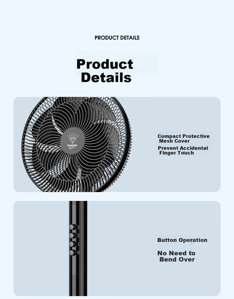 DIAMOND Electric Fan, Home Floor Fan, Industrial Fan, Standing High-Power Oscillating Fan, Powerful Electric Fan for Living Room, Factory Workshop, Commercial Aluminum Blade Business Electric Fan M014 9