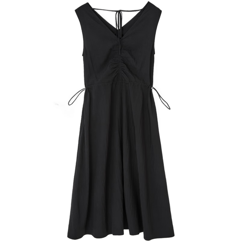 Mt [Muse Style] Summer Elegant V-Neck Tie-Waist Sleeveless Little Black Dress, Adjustable Waist Long Dress for Wome
