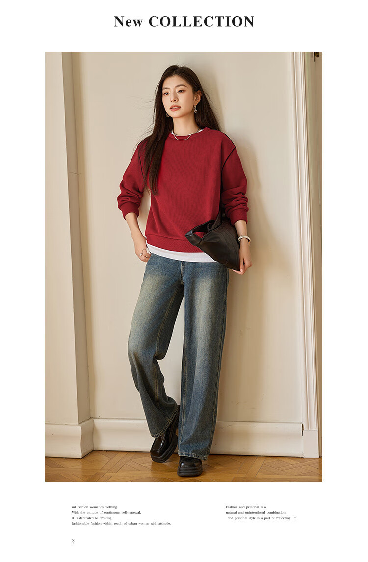 Mt Color-Block Stripe Spring Solid Fresh Simple Style Slightly Stretchy Fleece-Lined Thickened Versatile Warm Sweatshirt 13