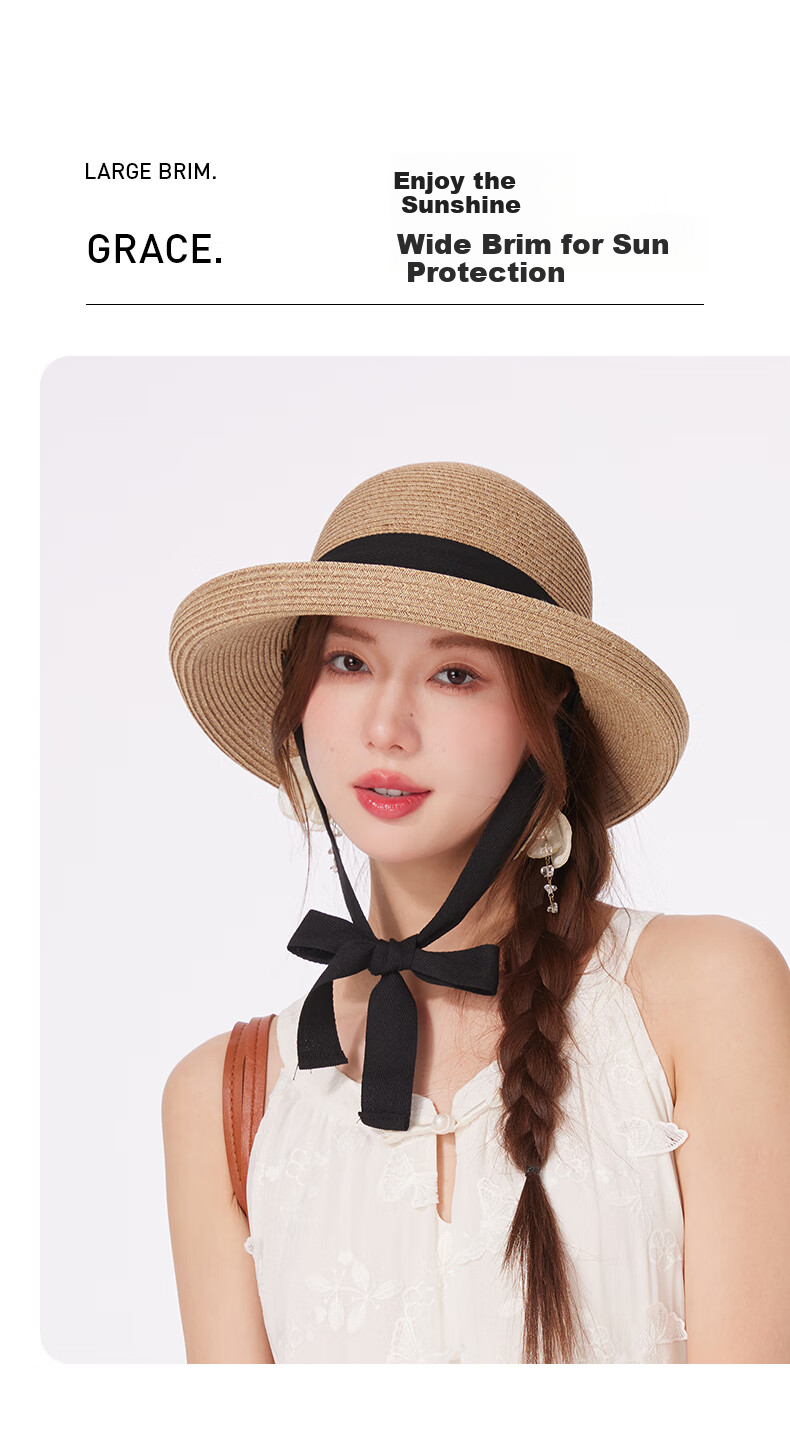 CACUSS Straw Hat for Women, Summer Sun Hat, French Elegant Style, Face-Slimming Effect, Rear Split with Bow, Beige 3