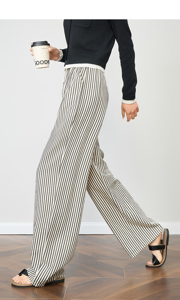 Demana Cloud Cotton Vintage Korean Style Striped Wide-Leg Drawstring Elastic Waist Slimming Women's Casual Pants for Spring and Autumn 9