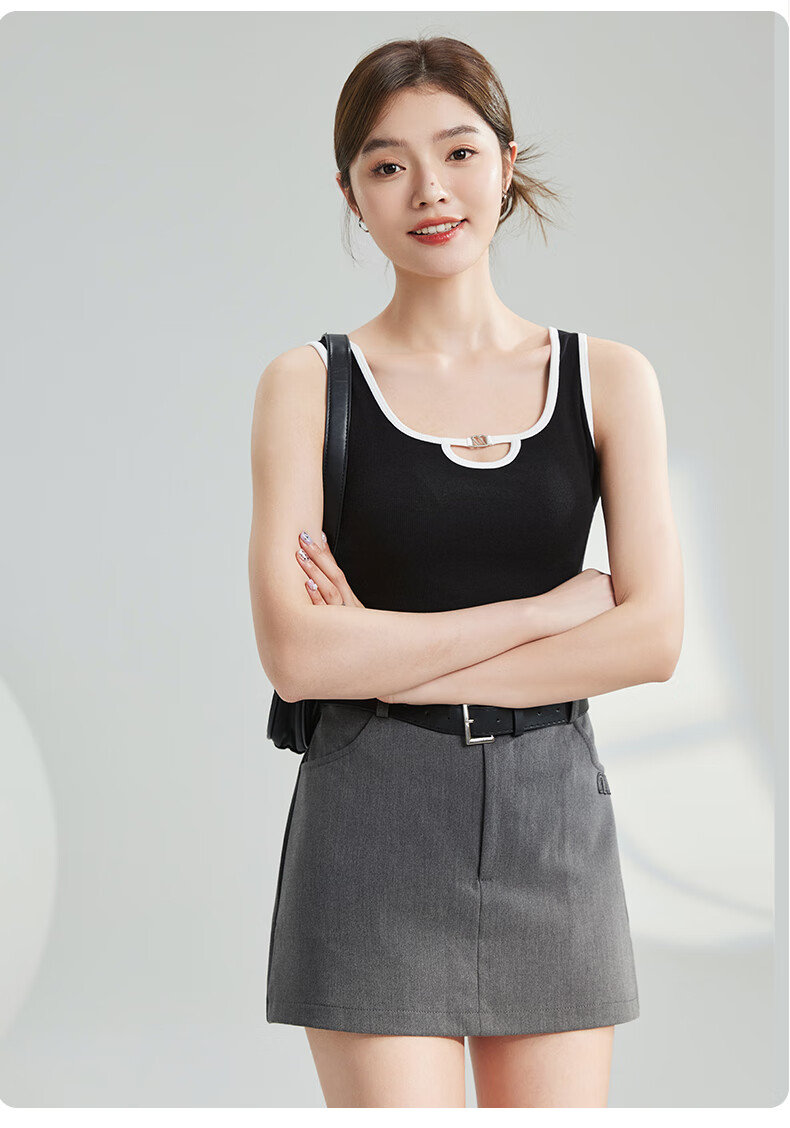 MiiOW Women's Camisole Vest [Side Coverage Anti-Exposure] Autumn Black and White Color Block Hollow Design Outerwear Base Shirt 16