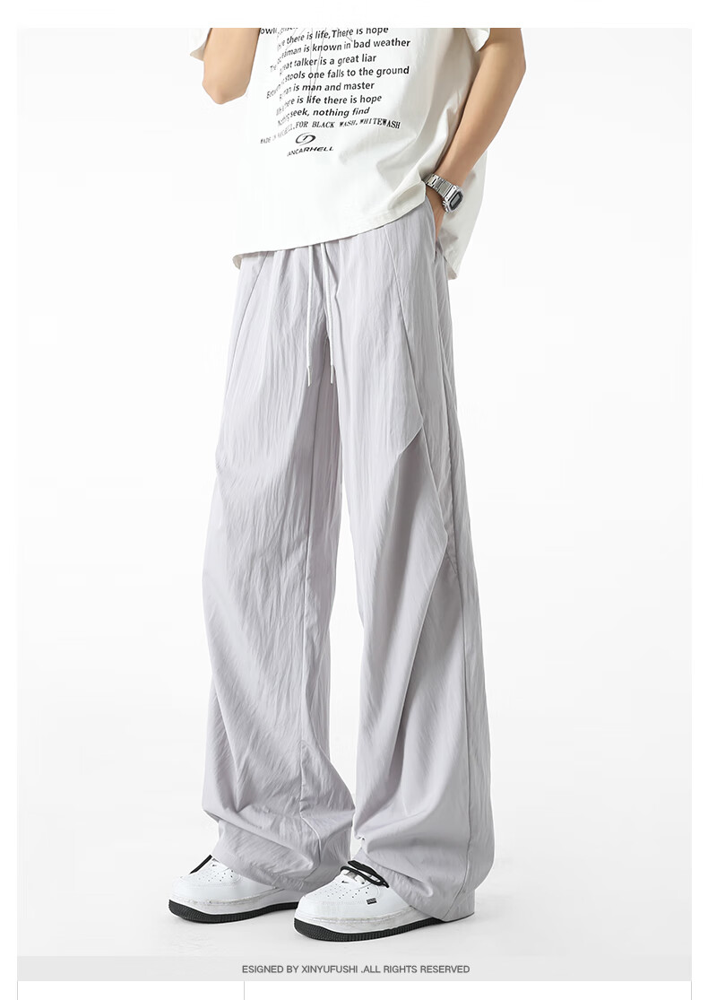 SWAMP AREA Wrinkled Ice Silk Pants for Men, Summer Lightweight American High Street Paratrooper Pants, Loose Straight-Leg Trousers KS51 Warm White 4XL 1