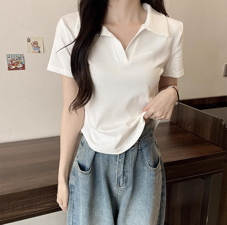 Langsha Women's Short Sleeve V-Neck T-Shirt Summer Fashion Versatile High-End Black Slim Fit Crop Top 16