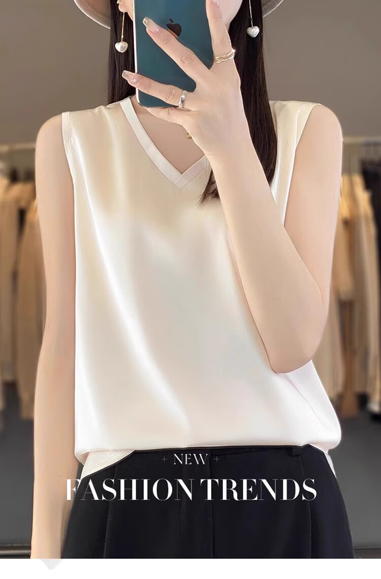 GUJIN Double V-Neck Premium Ice Silk Camisole Women's Innerwear Suit Base Layer Faux Silk Satin Tank Top Spring 1