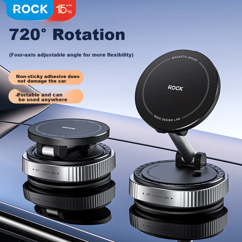 ROCK Vacuum Suction Magnetic Phone Holder, Car Navigation Dashboard Center Console Rotating Folding Extendable Universal Multifunctional Bedside Desktop Live Streaming Support Stand, Black