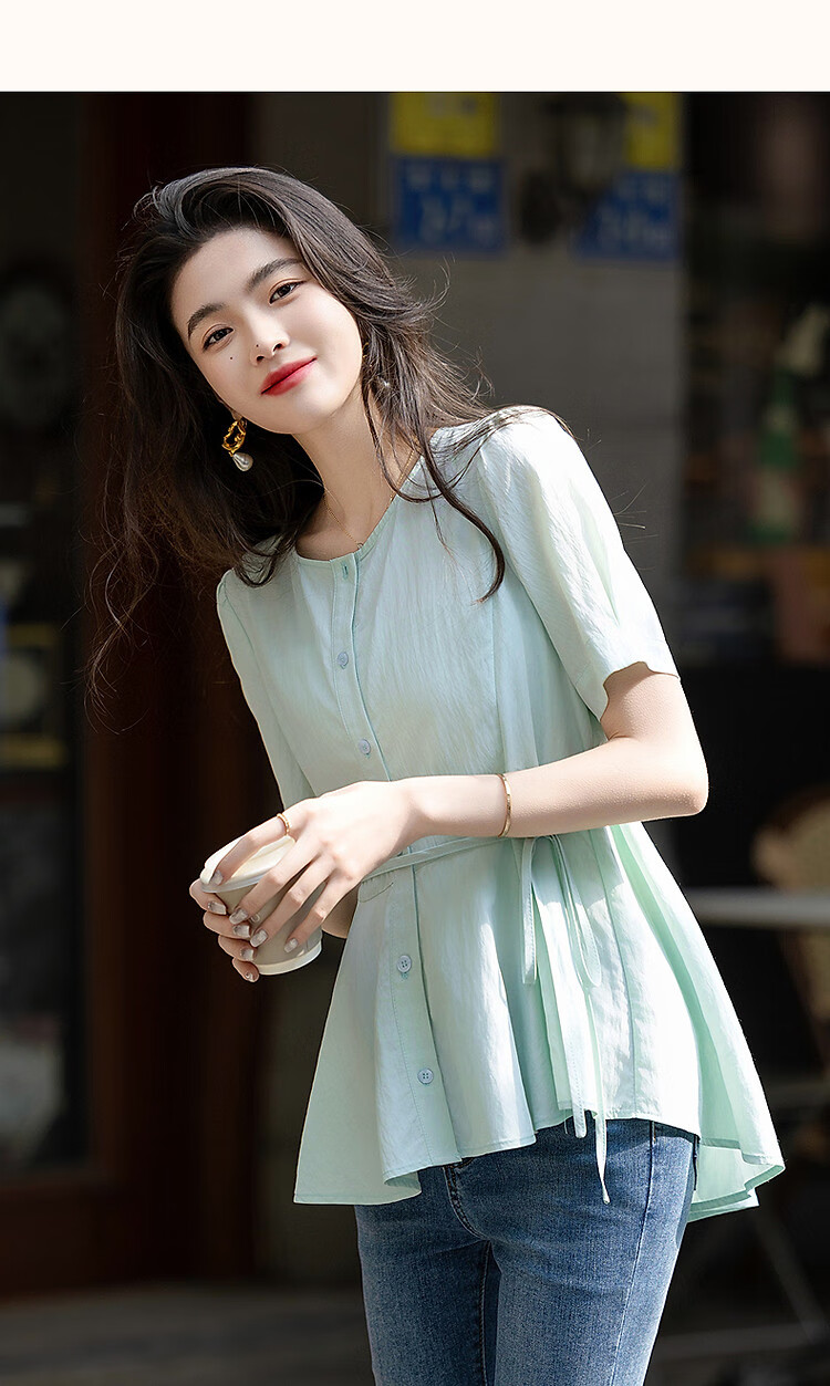 Dme [Elegant Top Student] Summer Comfortable Draping Cotton Wrinkle Shirt with Puff Sleeves And Belt, Women's Blouse Top 9
