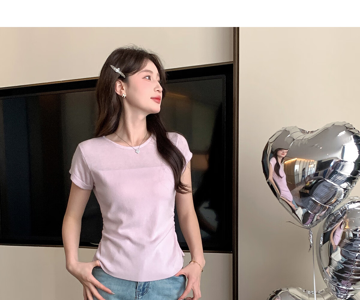 Halo Queen Women's Short Sleeve Knit T-Shirt Slim Fit Cherry Blossom Pink Fitted Waist Crop Top H52T033 4