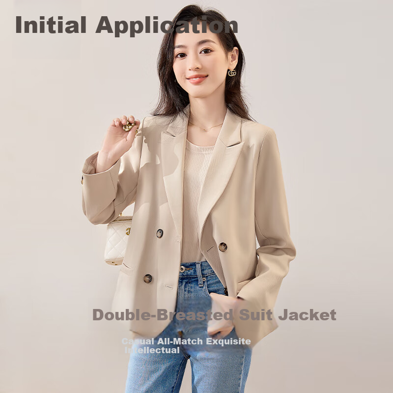 Chushen Short Blazer for Women, Versatile Double-Breasted Suit Jacket, Petite Short Coat Top S13JF453 Size 2XL