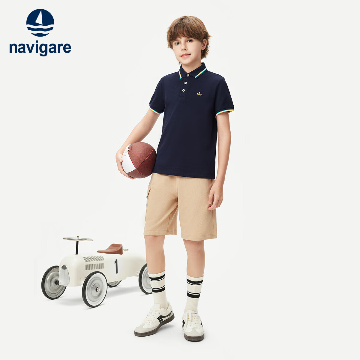 Navigare Boys' Polo Shirt, Children's Short-Sleeve T-Shirt, Student Sports Shirt, Antibacterial Breathable Summer Fresh Color-Block Top, Navy Blue, Size 150