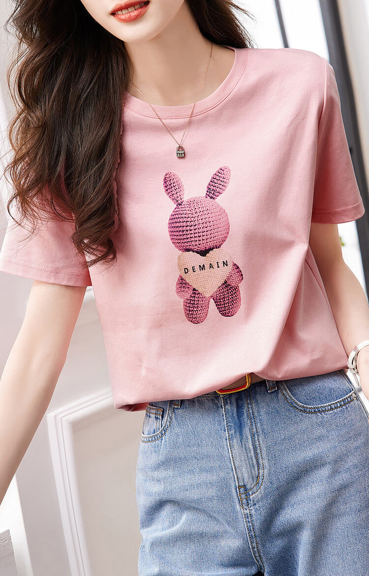 Dme [Fairy Tale Town], Xiayunduo Pure Cotton Rabbit Print, Rhinestone Short-Sleeve T-Shirt for Women, Comfortable And Flattering Women's Tee 13