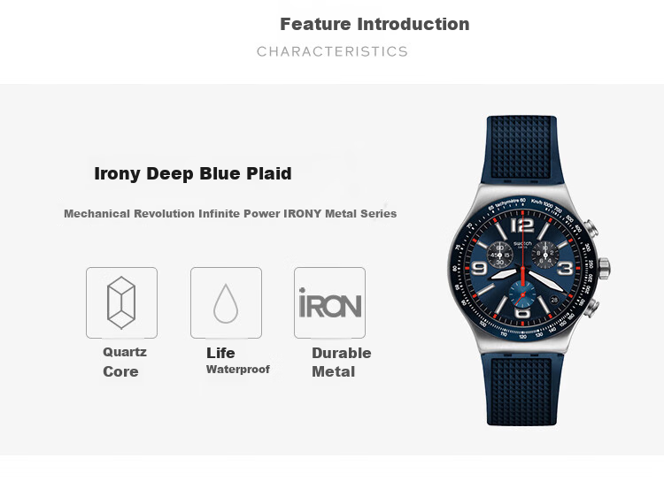 Swatch Swiss Watch, Three-Eye Timer Metal Series Business Casual Quartz Men's Watch Holiday Gift, Deep Blue Plaid Patter 1
