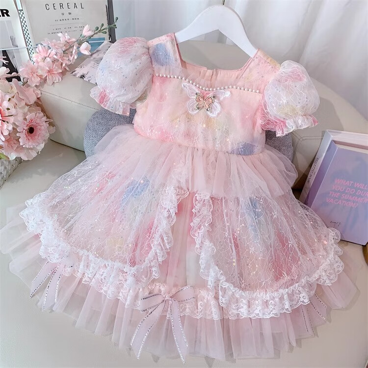 Anneyol Girls' Princess Dress Summer Outfit Stylish Children's Lolita Tulle Dress with Puff Sleeves, Pink, Size 160 27