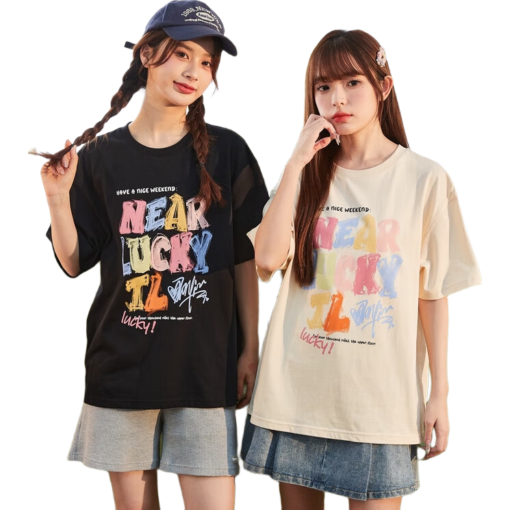 TonLion 2026 Women's Round Neck T-Shirt with Cute Graffiti Text on Front Chest, Soft Cotton Short Sleeve Tee