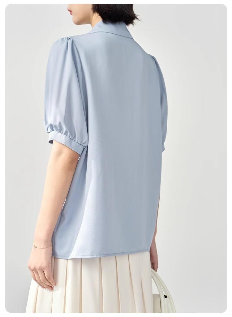 Bodexiaojie Blue Short-Sleeve Shirt for Women, Urban Daily Commute Outfit, Petite Chiffon Blouse, Interview Professional Shirt, Size S 18